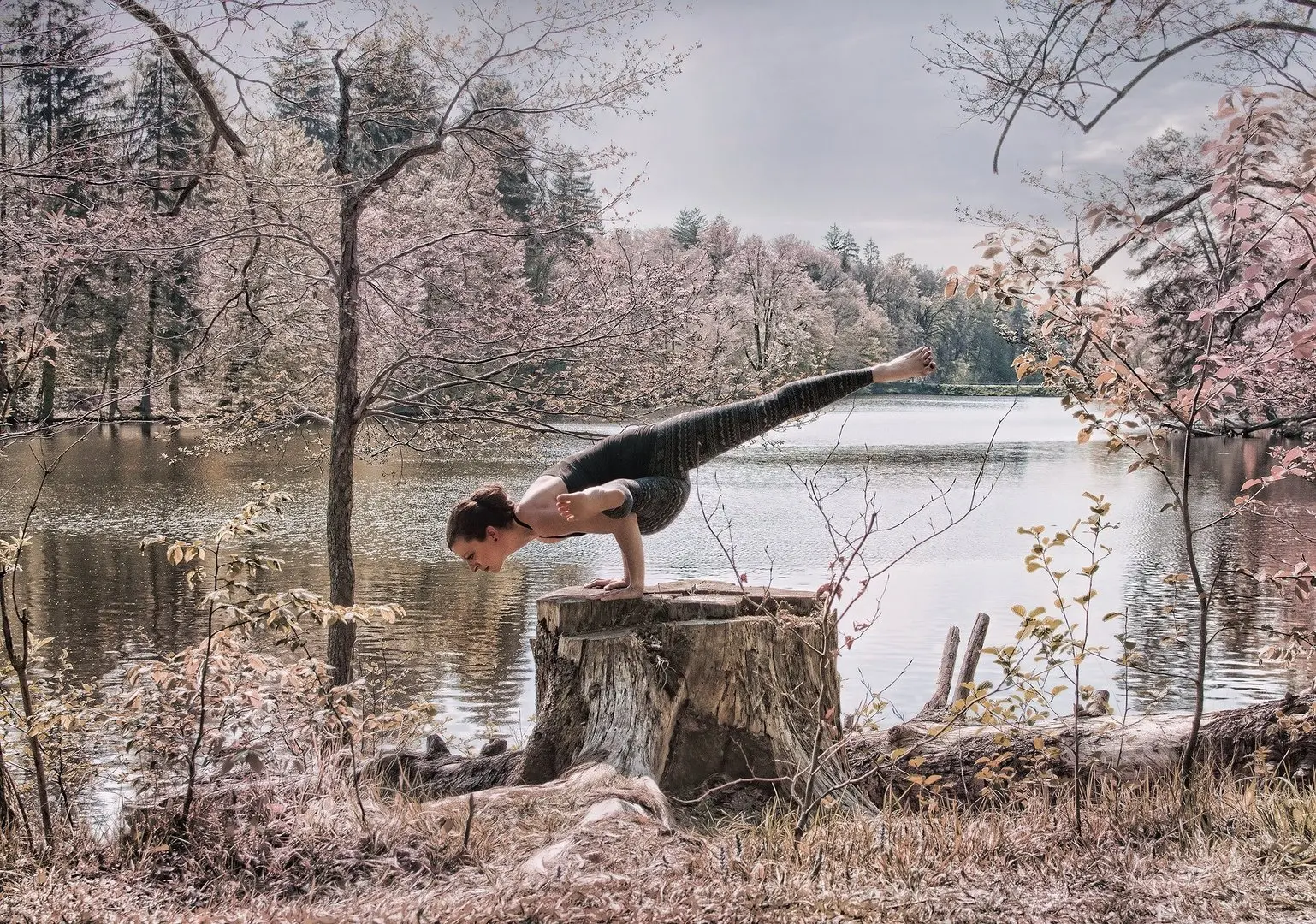 Anke praktiziert Yoga in einer weiten Waldlandschaft